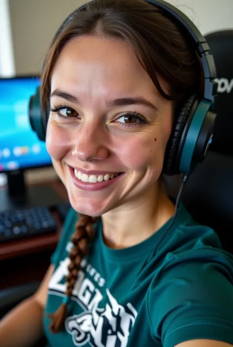 Brunette adult female freckles selfie in gamer chair, gaming headset, close-up, hotel room, Pensacola FL, stream set up, braided ponytail, Philadelphia Eagles shirt 