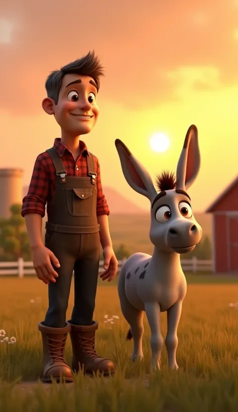 "A serene farm scene at sunset, with the middle-aged farmer standing next to his light gray donkey. The farmer looks calm and thoughtful, standing with a gentle smile on his face, reflecting on the lesson he just learned. His light to medium tan skin glows...