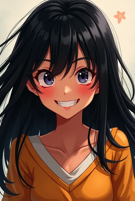 A girl with a grinning expression,  long black haired .