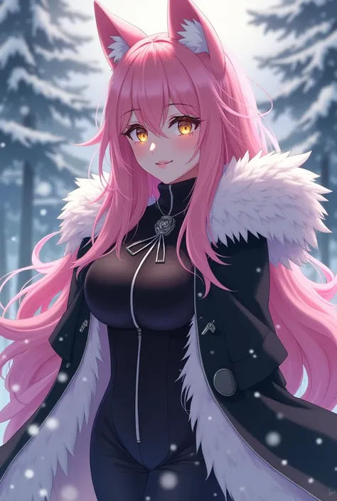 ( maximum quality,  best quality,  official art , beautiful and aesthetic :1.2) female anime, wolf girl, rebellious girl, long pink hair with bangs covering the right side of the face,  golden eyes, pink wolf ears, pink voluminous tail,  voluminous white c...