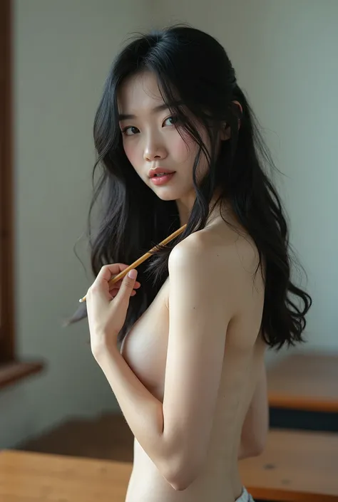 realistic woman, Korean high school students, Inside the school, studying hard, Black Hair, realistic beautiful body. incredibly absurd. naked or not wearing