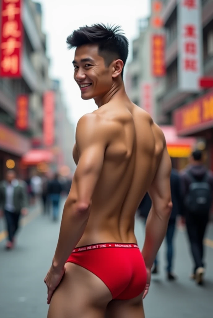 Realistic image of handsome and hunky Chinese man, wearing red colour thong string underwear, back facing camera, face turn back to look at camera, smiling, posing sexily, perky butt, nsfw, background is a busy Chinese city 