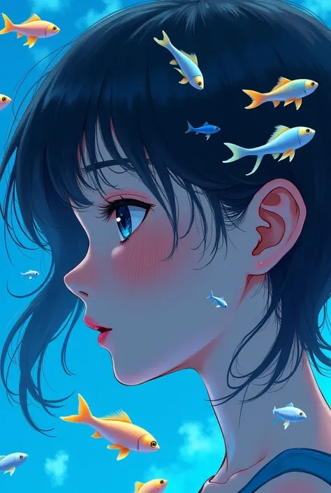 A close-up of a beautiful girl with fish swimming around his head, digital art in the style of WLOP, Atey Ghailan, and James Jean, trending on Pixiv Fanbox. The illustration features a blue background, a stylized depiction in the style of Yuumei, an emotio...