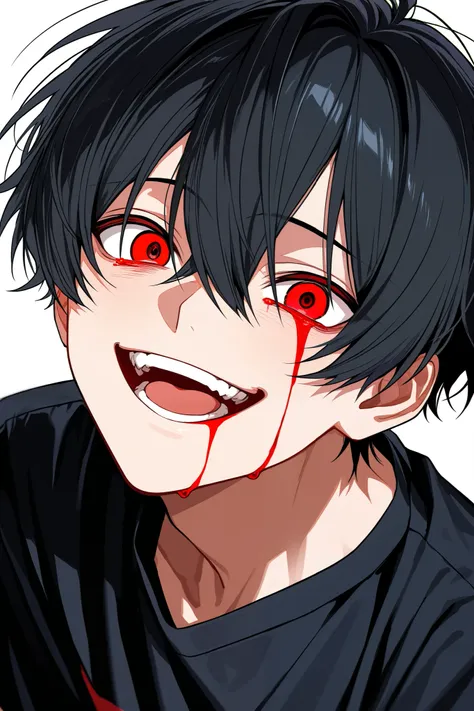 Anime boy with black hair with red eyes wearing a black shirt. His eyes are bleeding and he has a crazy smile