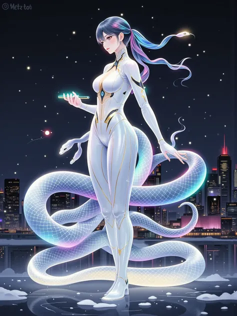 White Snake, 1girl, artistic conception, White Space, Rock Color, Gold Leaf, color particles, color curve, Chen Jialing, Dark Night Glow, Neon colors, ((Best Quality)), ((masterpiece)), (Details: 1.4), (((Cybersuit with Machine Parts and Clear Skin Iridesc...