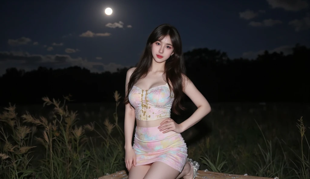 A full body shot a young Korean woman looking at the viewer, smiling, light brown eyes, vibrant dark hair, Asian straight hair, long hair, blunt bags, crystal clear skin, oily skin, glowing skin, wearing an fantasy sleeveless pastel blouse, navel, mini-ski...