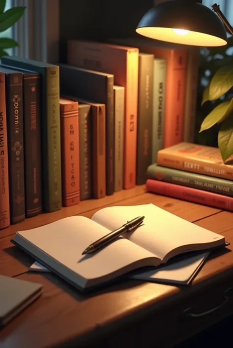 journal and pen on a wooden desk, surrounded by motivational books, warm lighting, cozy and inspiring atmosphere.