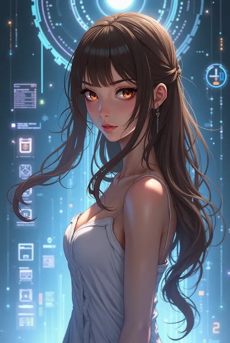  anime girl image,  brown hair, brown eyes,  tall height, hologram