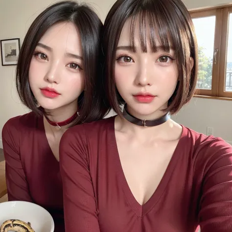 ( top quality、 table top、8k、 best image quality、 Award-winning work )、( 1 girl)、( perfect v-neck red long knitted sweater:1.2)、(The perfect red V-neck sweater:1.1)、( red eyeshadow:1.2)、 Completely-valid、long eyelashes、Ultra-high definition and shining eyes...