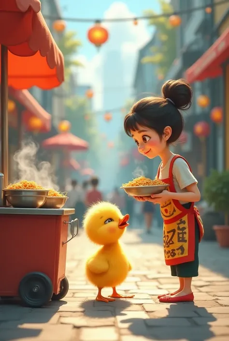 Yellow Duckling buying a noodle soup on the city shop with girl saleman 