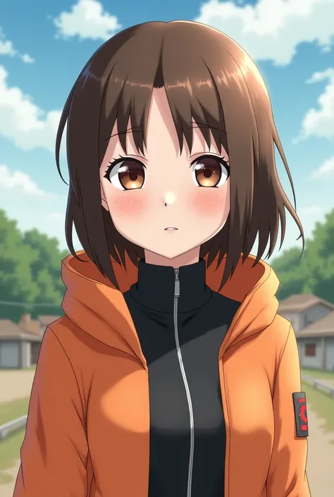 I want a girl with normal hair, not that it's long or short, that it's brown with brown eyes, that you have clothes like Naruto cosplay and also that you're in a village-like type like the one in the Naruto anime.