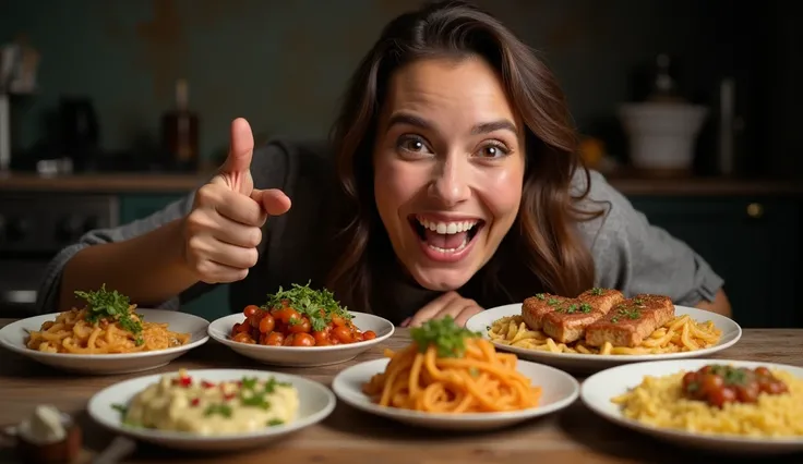 The person points enthusiastically at the food on the table.

Facial expression: Big smile or “OMG” look with one hand on the face.

Background: Cinematic dark blur with the dishes glowing or highlighted.

Text: “You HAVE to Try These!”
