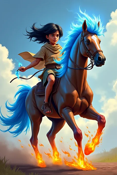  make the illustration of a  boy , pele morena,  wavy black hair in the wind ,  wearing a brown linen poncho over the typical clothes of Northeastern Brazil from the post-colonial period ,  in one hand he holds a thread of blue fire that oscillates in the ...