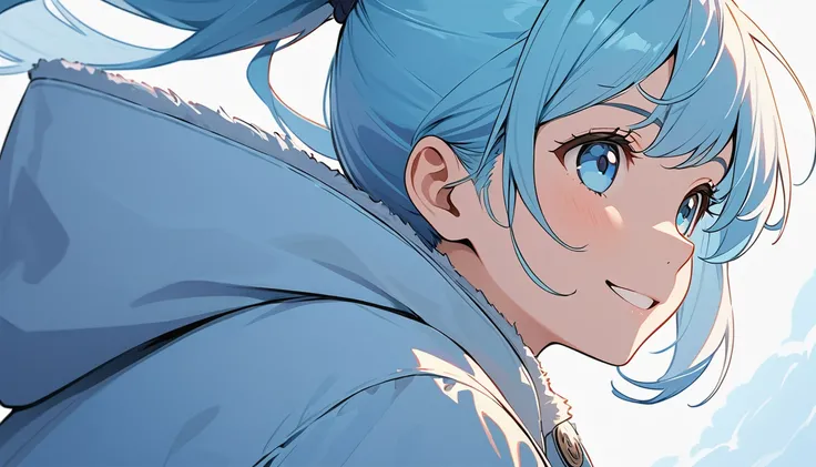 (masterpiece, Highest quality), look up at the sky, One Girl, alone, (light blue hair, ponytail) and (light blue eyes), Winter coat, happy, white background, flat illustrations, highly detailed, Dynamic Angle, beautiful detailed, smiling,