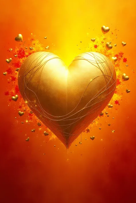 1 orange background ,( yellow and red together), golden stripes ,  several golden hearts ,  1 heart in the middle ,(yellow the color )alta resolución,  Precise,  masterpiece,  Textured skin , 