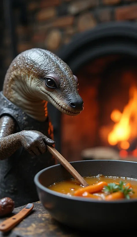 A CLOSE-UP HYPER-REALISTIC Ribbon Eel CHEF IN A WINTER CABIN KITCHEN WITH A CRACKLING FIREPLACE, MAKING THE MOST DELICIOUS VENISON STEW. ITS KEEN EYES FOCUS AS IT TASTES THE BROTH WITH A LADLE –AR 9:16.