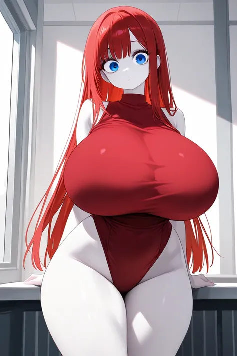 A girl,  very thin , pale skin,  long straight hair ,  crimson red hair,  blue eyes,  big eyes,  Do you wear a red leotard,  huge boobs,  massive boobs,  gigantic boobs ,  wide hips, disoriented.