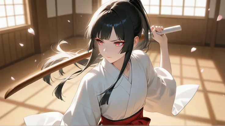 masterpiece, best quality, detailed face, detailed eyes, 1 girl, beautiful, flat chest, glossy lips, serious expression, red eyeliner,
black hair, long hair, hime cut bangs, ponytail, red hakama, bokken, white kimono, 
dojo, morning, depth of field, bloom,...