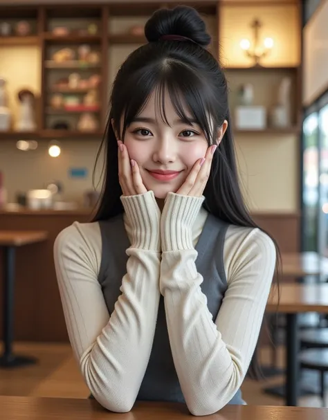 (Profile of a super cute Korean female college student when she is so embarrassed that she covers her face:1.2)(Grinning,smile:1.2)( I'm happy:1.1)(16k,  RAW photos ,  top quality, masterpiece: 1.2),( cute bun hair with glossy black hair )  Super Detail,  ...