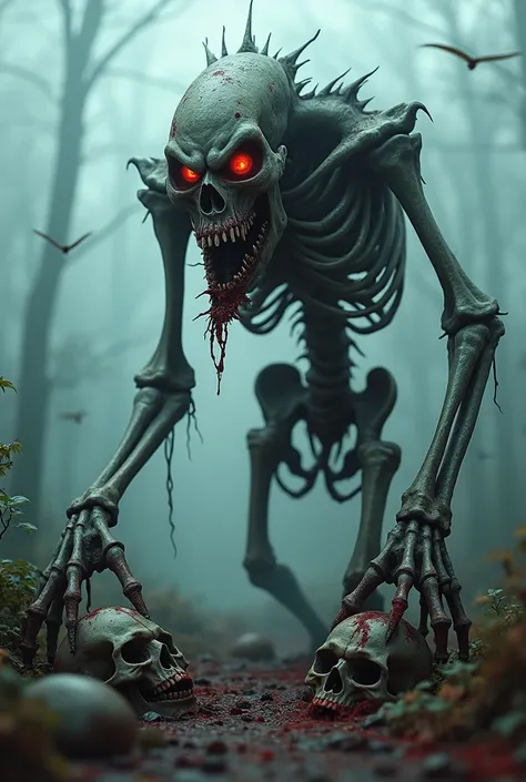 A skeletal abomination with jagged, rotting bones protruding from its grotesquely stretched flesh. Its hollow eye sockets glow with an eerie red light, while its twisted fingers clutch at skulls, peeling away the last remnants of rotting skin. A jagged maw...