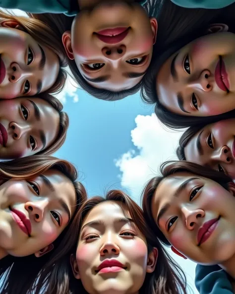 Real Live-Action, (XLabs F.1 Realism LoRA V1), 8K HDR Group photo, many innocent beauties Surrounding the camera in Upward composition, Panoramic, Filled with many Faces, there is a korean man, Indonesiaan man, American man.Looking down at the camera, Face...