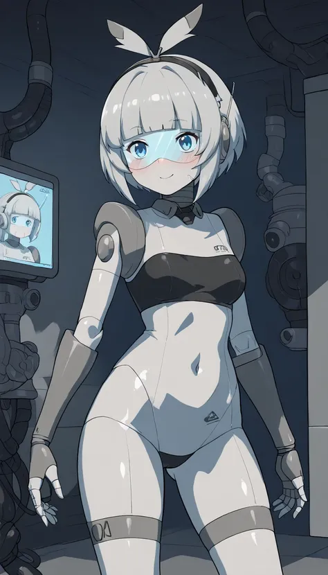 masterpiece, best quality, extremely detailed, (8K, 4K, Best Quality, hight resolution, 超A high resolution:1.1), ,8k portrait, Japaese android Girl,Plump , dark black leg cover,announcer,control panels,android,Droid,Mechanical Hand, Robot arms and legs, Bl...