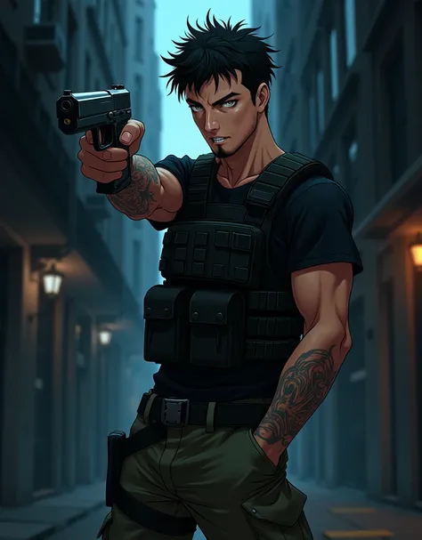 Anime-style picture of a handsome man in his early twenties with yellow eyes a black hair and a black, short beard. He is wearing olive drab tactical pants, a black tactical vest and a short-sleeved shirt., Yellow Eyes, open mouth, upper teeth, fangs, Anim...