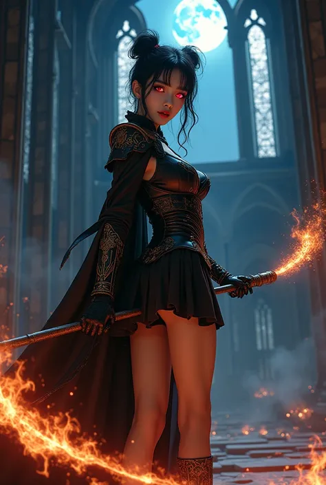 "A hyper-realistic, highly detailed depiction of a mesmerizing Korean vampire slayer girl with glowing crimson-red eyes that radiate intensity and mystery. She is adorned in a luxurious black vampire outfit featuring a short blouse and a short skirt showin...