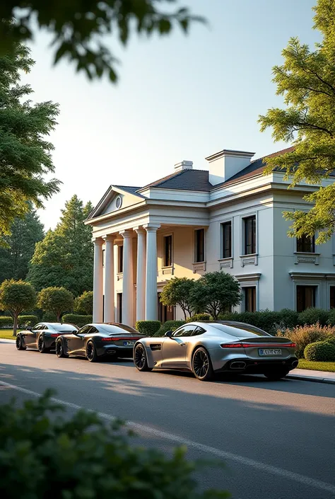 A house of classical architecture in the middle of a suburb of modern architecture,Without people but with perfect cars