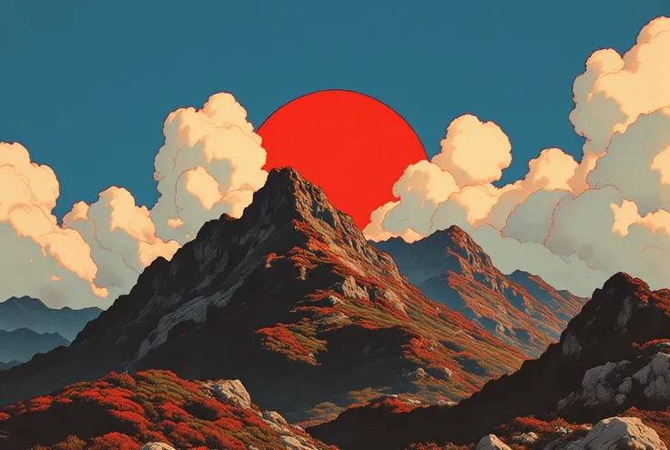 A breathtaking geometric mountain landscape inspired by Bauhaus and Cubism. Sharp, angular peaks rise against a surreal sky, composed of bold, overlapping shapes in deep blues, warm oranges, and muted earth tones. The scene features a striking red sun, par...