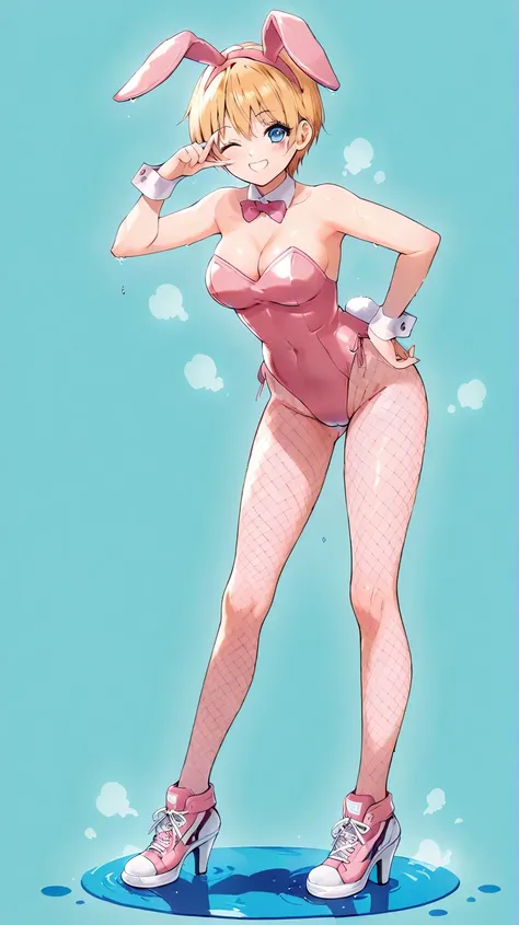  anime girl image,  blond hair,  short hair,  blue eyes ,  medium breasts, bunny suit, wet, full body,  tilted forward, is,  smiling, with fishnet tights,  making a wink,  pink high heel sneakers