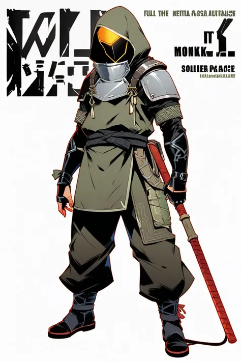  Cyberpunk Ninja Action Novel。solo ninja 。((white background illustration ))。(( full body illustration))。(( standing))。Cover the monk soldier style ninja costume 。 with a metal gorget from the bottom to the neck。Tin cane style mace。