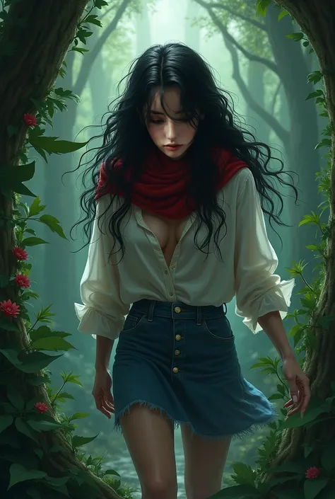 A woman long black hair wavy white shirt Untidy red scarf blue miniskirt in a hysterical forest