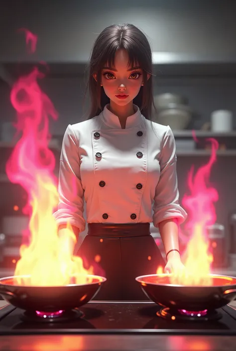 Heroine chef with 2 saltenes and pink and yellow fire in front 