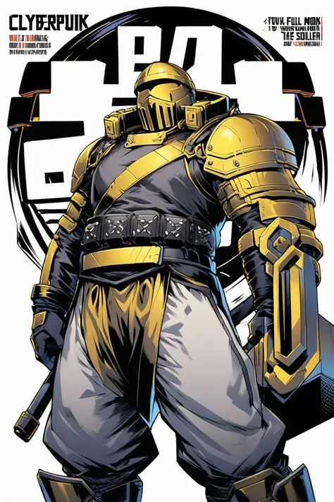  Cyberpunk Ninja Action Novel。solo ninja 。((white background illustration ))。(( full body illustration))。(( standing))。Cover the monk soldier style ninja costume 。 white and yellow two-tone color 。Big body 。Cover the area from the bottom to the neck with a...