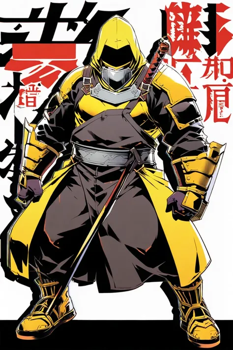  Cyberpunk Ninja Action Novel。solo ninja 。((white background illustration ))。(( full body illustration))。(( standing))。Cover the monk soldier style ninja costume 。 white and yellow two-tone color 。Big body 。Cover the area from the bottom to the neck with a...