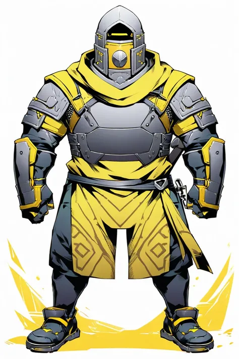  Cyberpunk Ninja Action Novel。solo ninja 。((white background illustration ))。(( full body illustration))。(( standing))。Cover the monk soldier style ninja costume 。 white and yellow two-tone color 。Big body 。Cover the area from the bottom to the neck with a...