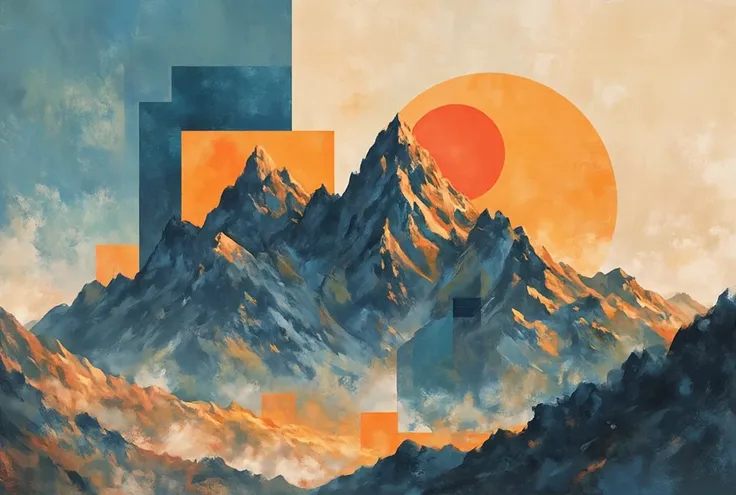 A breathtaking geometric mountain landscape inspired by Bauhaus and Cubism. Sharp, angular peaks rise against a surreal sky, composed of bold, overlapping shapes in deep blues, warm oranges, and muted earth tones. The scene features a striking red sun, par...