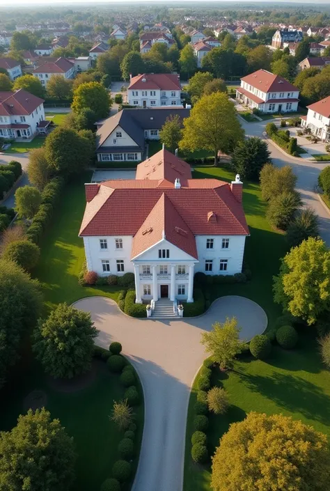 A house of classical architecture in the middle of a suburb of modern architecture, top view,several visible houses,But the focus of the photo is on the classic-style house without people but with perfect cars