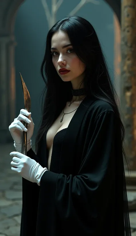 lady vampiro, Clothes from the 1980s,  white gloves,  long hair, elegant , night, Dark fantasy genre, magic,  soldier,  High quality cutlery,  8k quality,  very detailed face, Cinematic
