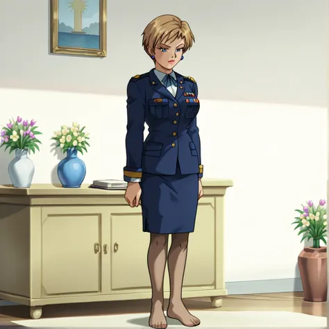 score_9, score_8_up, score_7_up, score_6_up, score_5_up, score_4_up, BREAK,  topazsonicx, 1girl, solo, skirt, blonde hair, long sleeves, jewelry, standing, flower, pantyhose, earrings, indoors, uniform, military, military uniform, barefoot, makeup, pencil ...