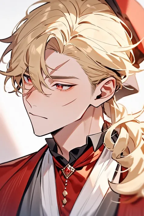  A kitten with tied blond hair and half curly ,  reddish eyes and a scar that runs through his left eye to his nose, he wears formal red clothes . 