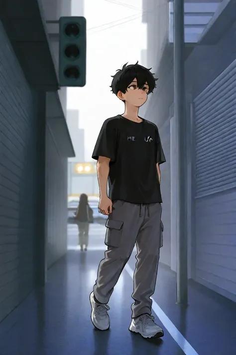 A tall Young Man,  22 years old, He's walking along the platform in the city, There is a lot of sun and clear skies,  wearing a black t-shirt ,  gray cargo pants and white sneakers, Is there some vehicle traffic nearby. 