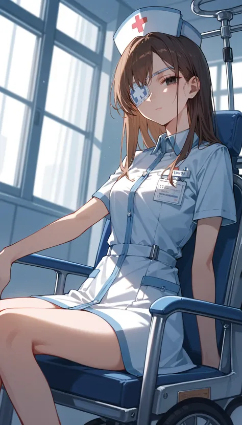 (Masterpiece, hospital background), (best quality), (high quality), anime, 1girl, patient girl, (depressed look, wearing a medical eyepatch on left eyes), half closed eyes, detailed eyes, absolute territory, brown hair, black eyes, detailed, best quality s...