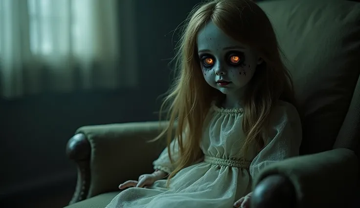 A doll in a dress and long hair sitting on a chair,  in the room , This doll is terrifying, He has a penetrating gaze, It's horrible dark eyes deteriorated 