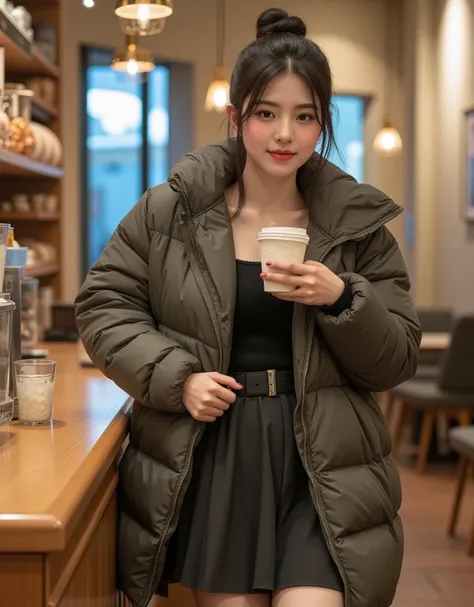 ( super cute Korean female college student is walking while drinking steaming hot coffee:1.2)(Grinning,smile:1.2)( I'm happy:1.1)(16k,  RAW photos ,  top quality, masterpiece: 1.2),( cute bun hair with glossy black hair )  Super Detail,  Super Resolution, ...