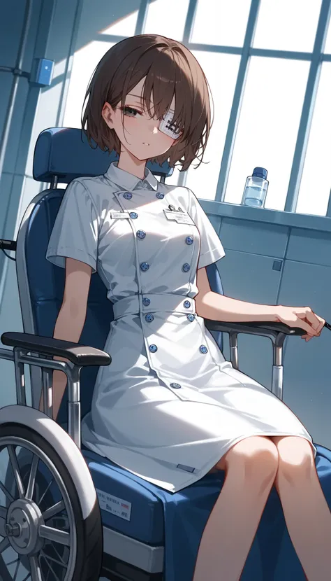 (Masterpiece, hospital background), (best quality), (high quality), anime, 1 woman, plain simple white dress, (depressed look, wearing a medical eyepatch on left eyes), half closed eyes, detailed eyes, absolute territory, brown hair, black eyes, detailed, ...