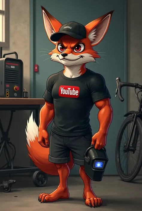 Caricature or drawing of a malevolent looking young muscular fox wearing a black cap and t-shirt written on YouTube on the left side of a welding machine ,  with a welding mask on her hand and a motorized bicycle on the right side , dressed in shorts and t...