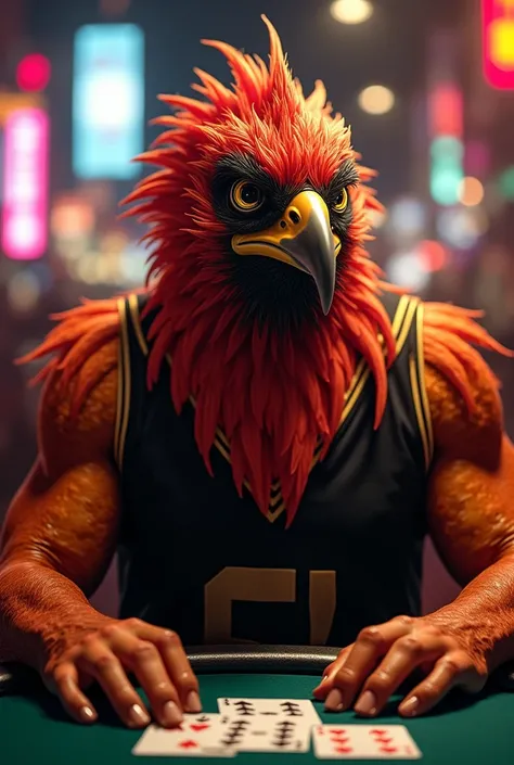 A very realistic and very strong Phoenix with red feathers, Black and orange, With human mannerisms playing poker in Las Vegas with a black and gold team jersey and with a powerful face