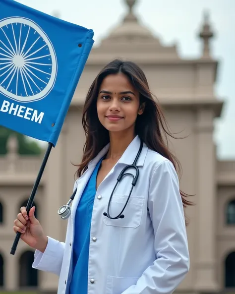 "Create a highly realistic image of a beautiful and confident 23-year-old Indian girl with an attractive appearance, wearing a doctor's coat and a stethoscope around her neck. She stands proudly in front of the Ambedkar Memorial in Lucknow, holding a blue ...